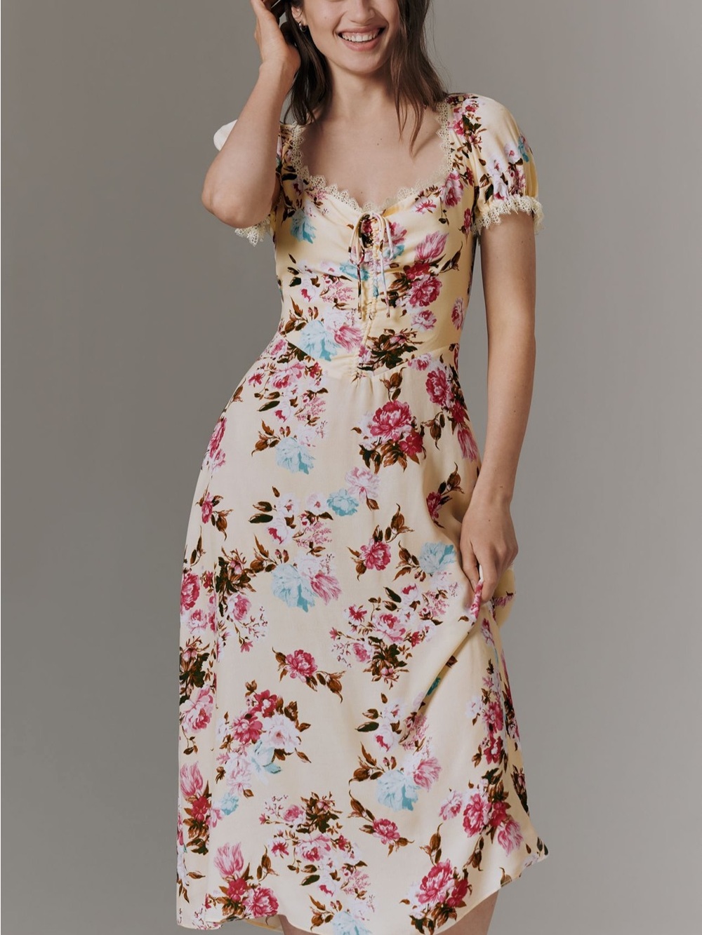 Floral Puff-Sleeve Midi Dress in Cream